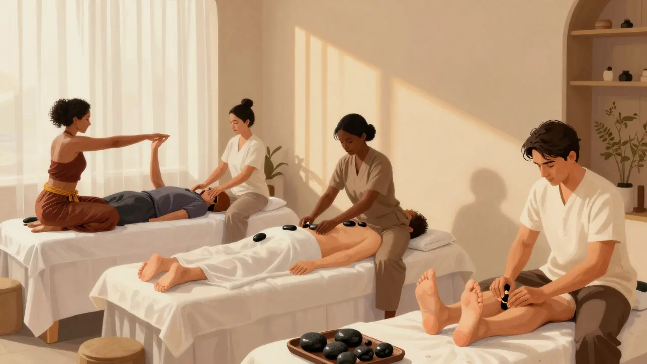 Three different massage techniques—Thai, hot stone, and reflexology—being performed side by side in a Dubai wellness studio.