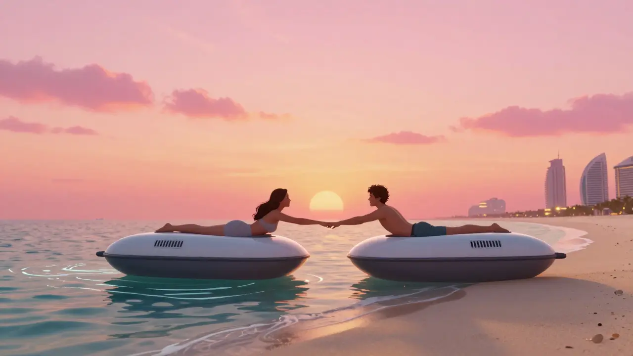 Two couples floating side-by-side in air-supported pods on Palm Jumeirah at sunset, hands gently touching.