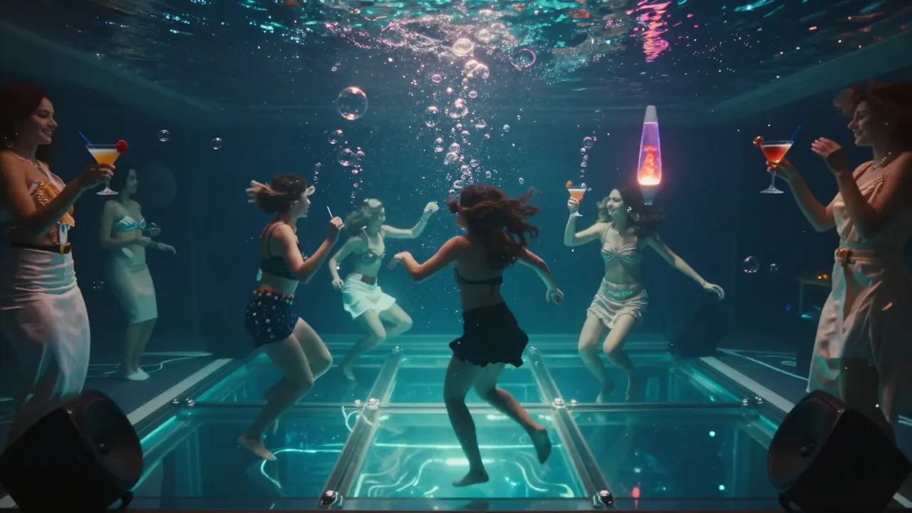 Underwater dancers moving in slow motion beneath a glass floor while guests sip cocktails above, surrounded by glowing aquatic lights.