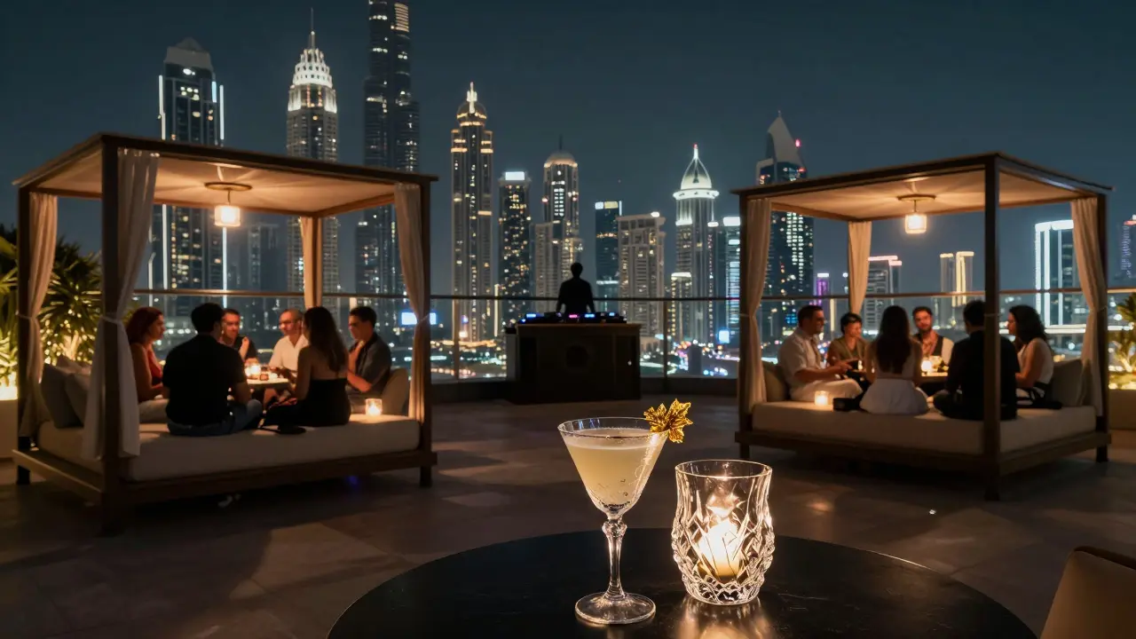 VIP guests lounging on Sky Deck with cocktails and Dubai skyline glowing behind them at night.