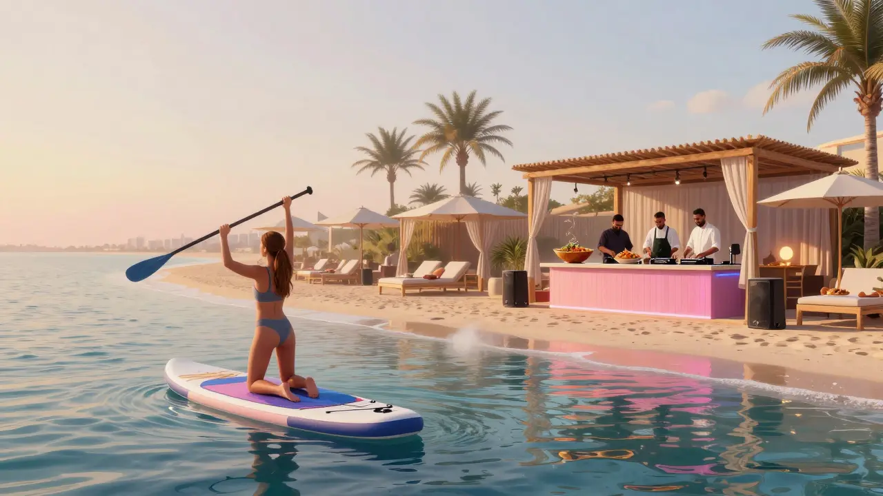 Woman doing paddleboard yoga at dawn while a DJ booth and cabanas glow behind her on a Dubai beach.