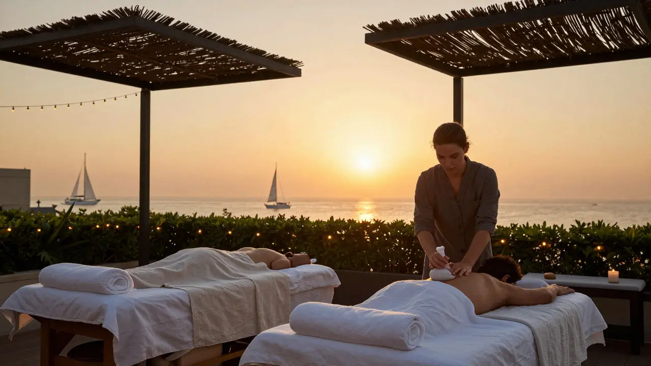 A couple enjoying massage on a rooftop deck at sunset, with fairy lights and distant sailboats in the background.