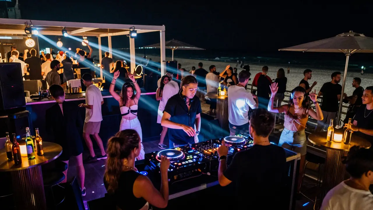 A crowded nightclub with pulsing lights and dancers moving to music under strobe effects.