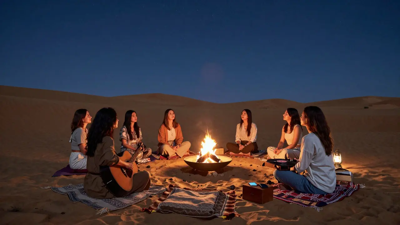A group of women sitting in a desert at night around a firepit, gazing at stars under a silent sky.