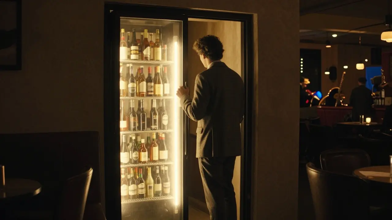 A hidden speakeasy entrance behind a fridge door with warm light spilling out, hinting at a secret night spot.