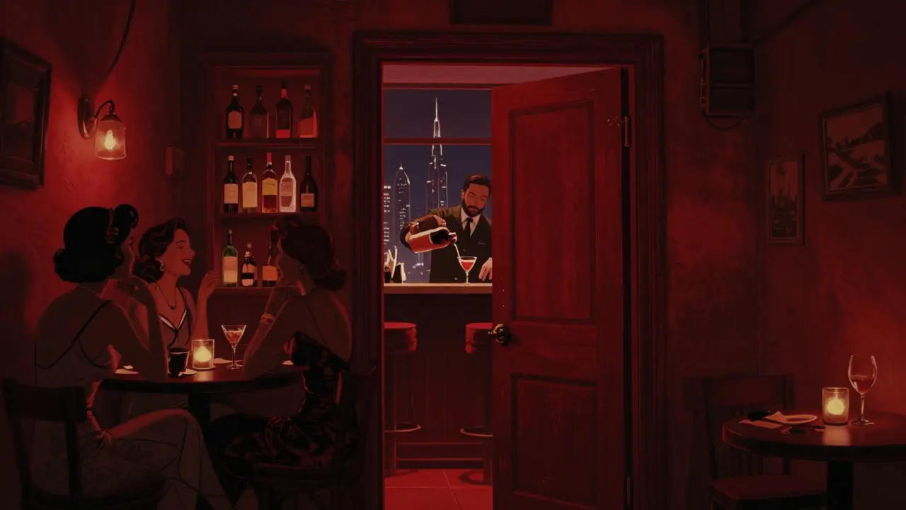 A hidden speakeasy in Dubai with dim lighting, a bartender pouring drinks, and city lights visible through a window.