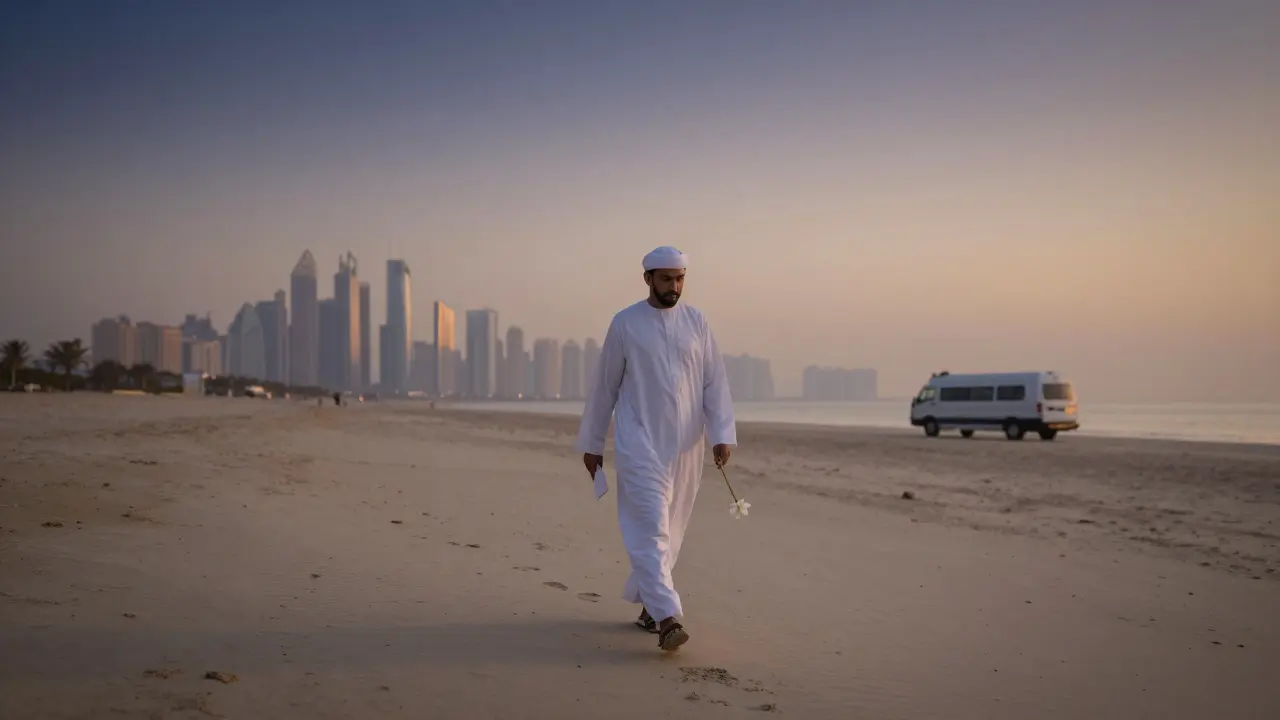 A lone person walks at dawn holding a white envelope and a wilting flower, footprints fading in the sand near Dubai's skyline.