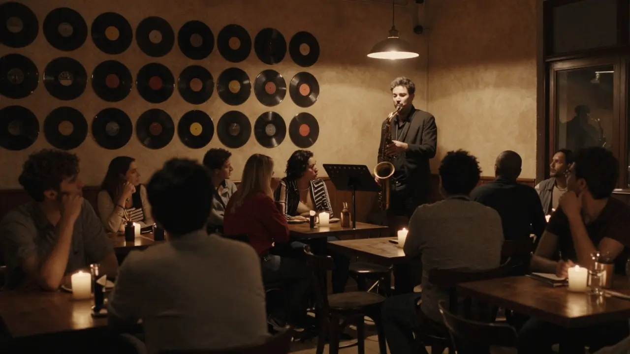 A quiet jazz club with a saxophonist playing under soft lamplight as patrons listen attentively.