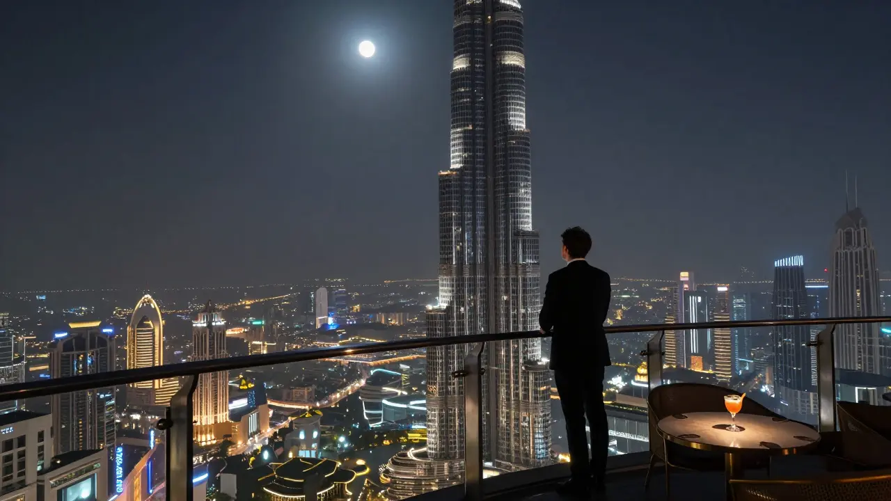 A solitary figure overlooking Dubai's skyline from a high-rise bar, bathed in moonlight, with the city glowing below in silence.