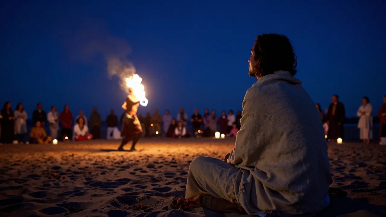 A solitary person sitting peacefully on sand at night, gazing at stars while a fire dancer moves in the distance.
