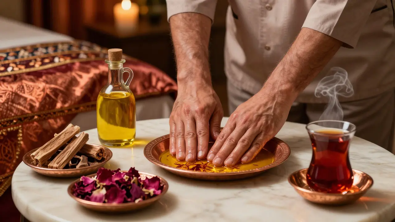 A therapist applying aromatic oil in slow strokes, surrounded by traditional Emirati elements and warm ambient light.