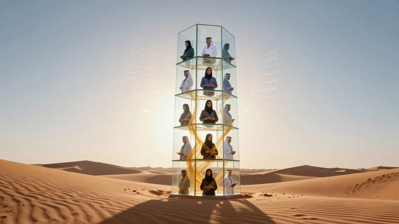A transparent tower rising from the desert, each level showing a different Emirati woman in her profession, with tradition and innovation intertwined.