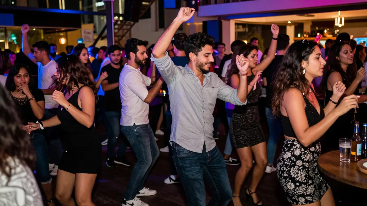 A vibrant crowd dancing in a Dubai nightclub, dressed stylishly under neon lights and energetic atmosphere.