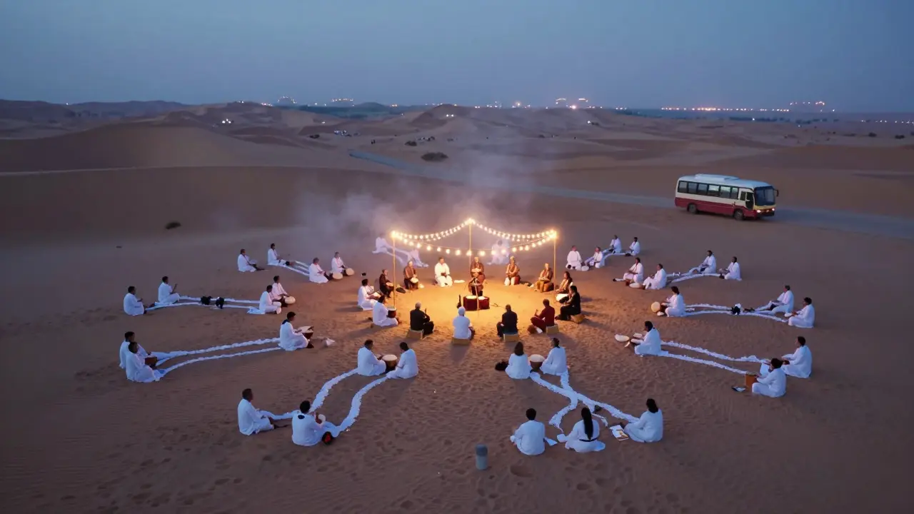 Aerial view of a moonlit desert party with thousands in white forming circles around live musicians under hanging lights.