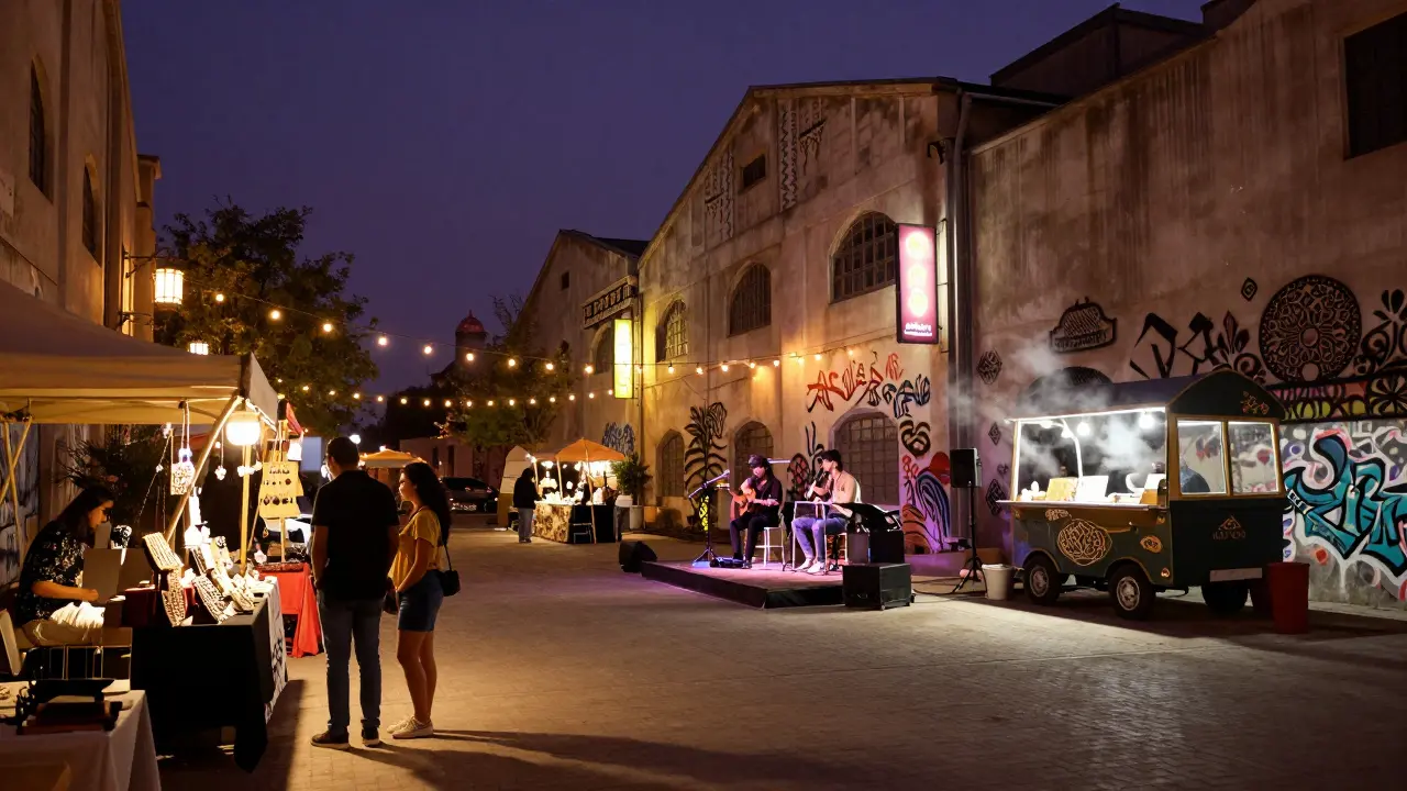 Alserkal Avenue at night with indie music, pop-up stalls, and glowing lights in a converted warehouse district.
