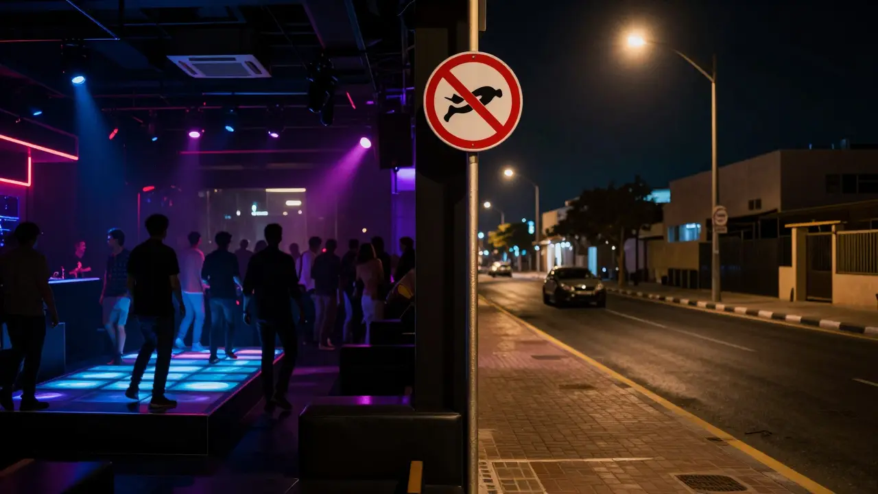 Contrast between a lit-up dance floor inside a club and an empty street with a 'No Dancing' sign.