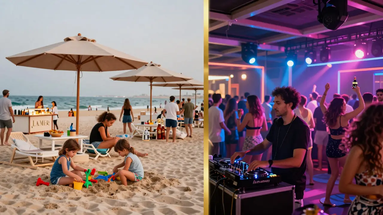 Contrast between family-friendly La Mer Beach and high-energy White Beach in Dubai, showing calm vs. vibrant coastal party scenes.