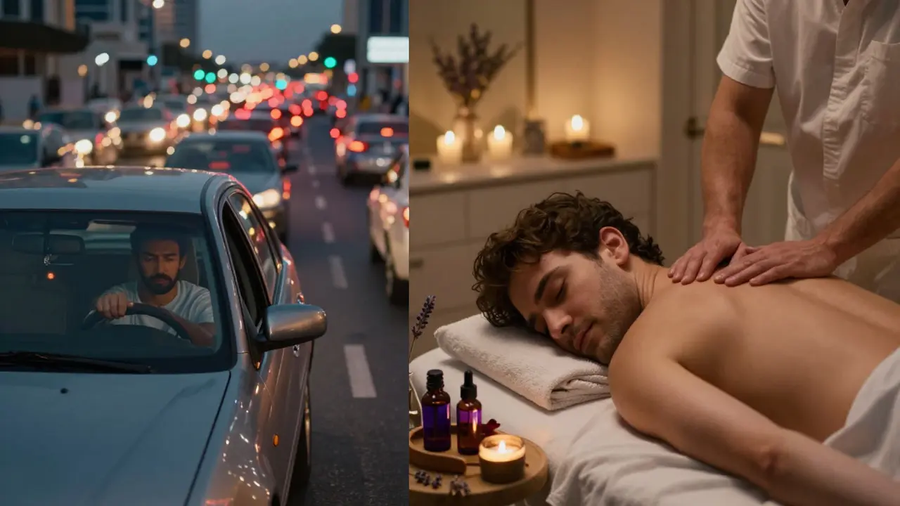 Contrast between stressful Dubai traffic and peaceful home massage session for a stressed commuter.
