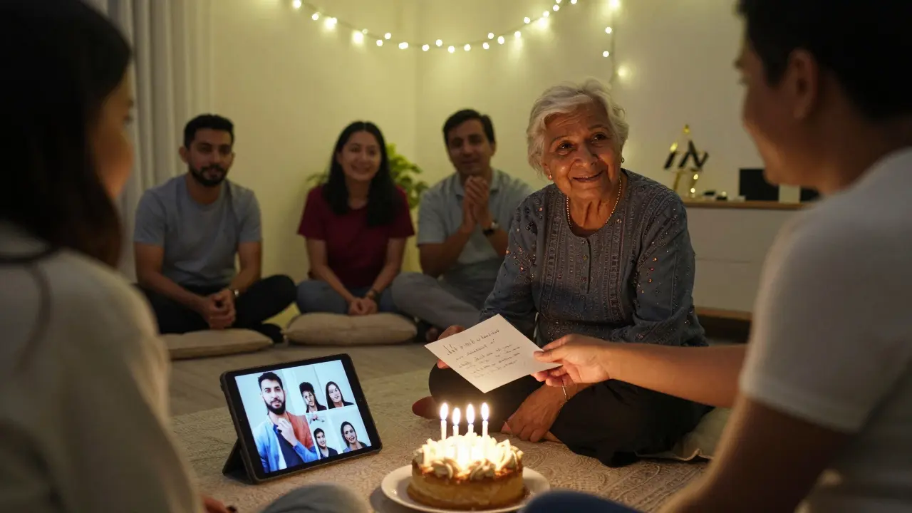 Cozy home birthday with fairy lights and handwritten letter, loved ones gathered on floor cushions.