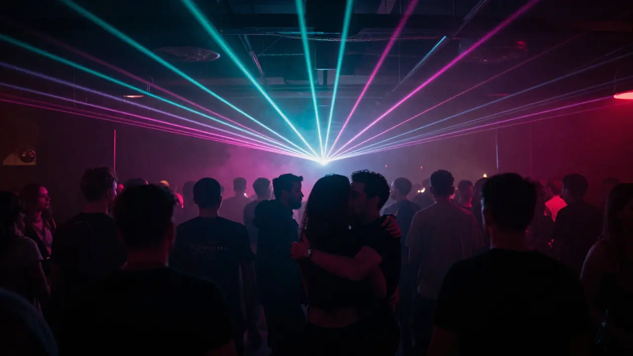 Crowd dancing in a smoky underground techno club