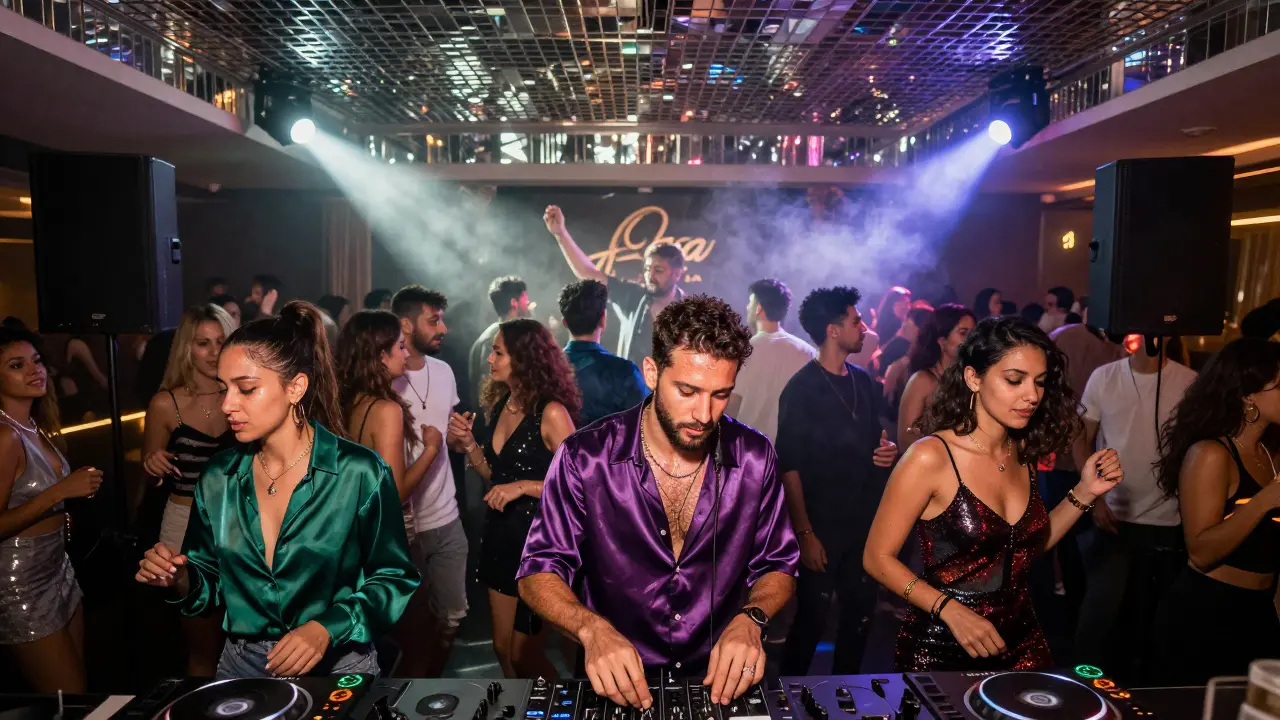 Crowd dancing under mirrored ceilings and strobe lights in a high-energy Dubai nightclub.
