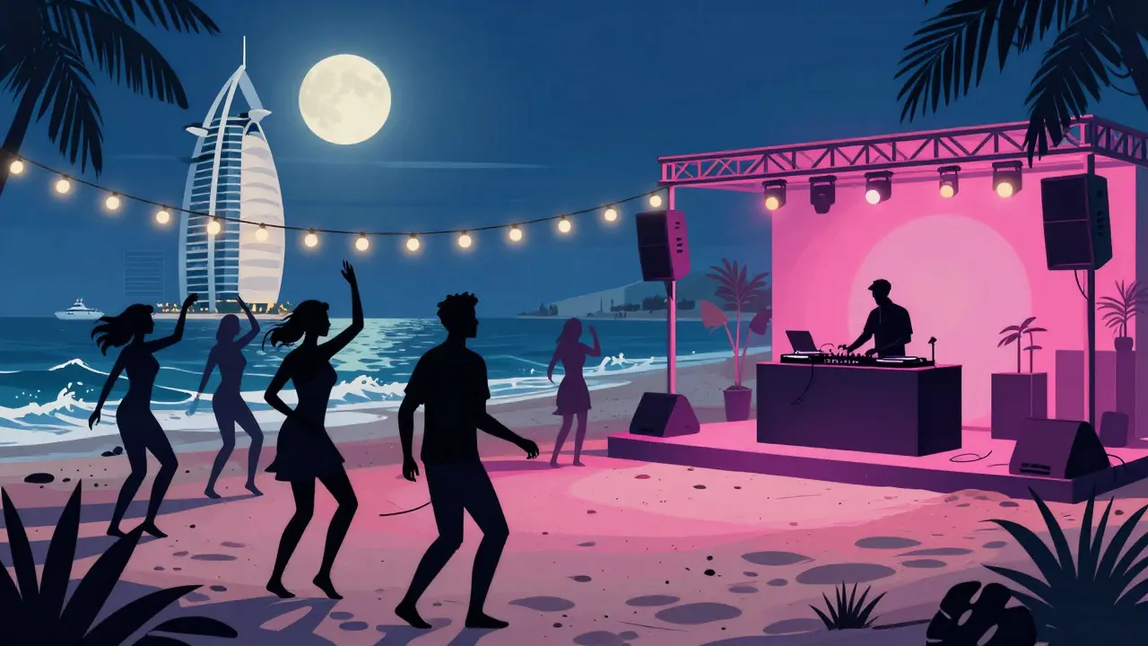 Dancers on a beach under string lights at a late-night party with yachts in the distance and moonlit waves.