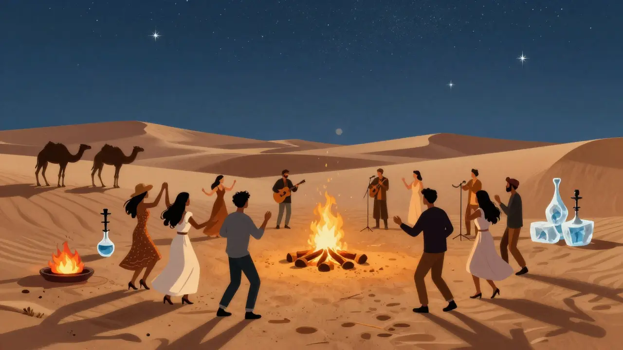 Desert party under stars with fire pits, live music, and guests dancing among dunes.