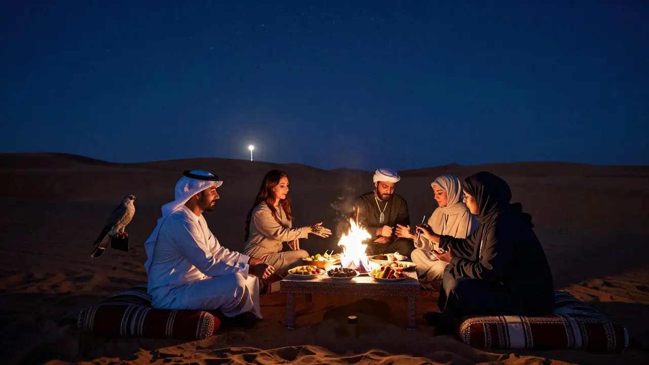 Desert safari birthday under stars with falcon, henna artist, and firepit, guests seated on cushions.