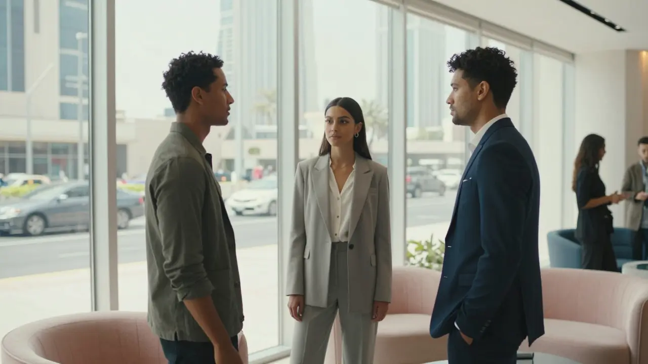 Diverse group of models waiting in a modern glass agency lobby.