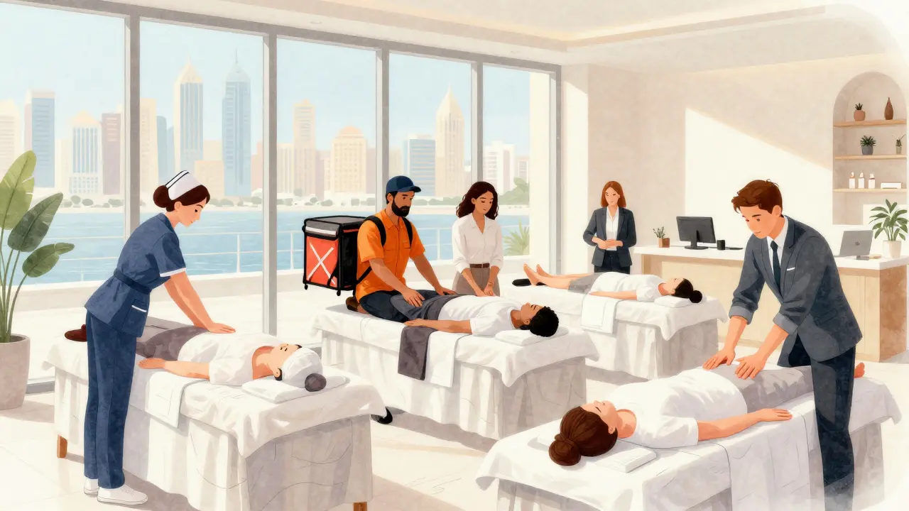 Diverse professionals receiving different types of massage—Thai, deep tissue, and reflexology—in a modern clinic overlooking Dubai Marina during late afternoon.