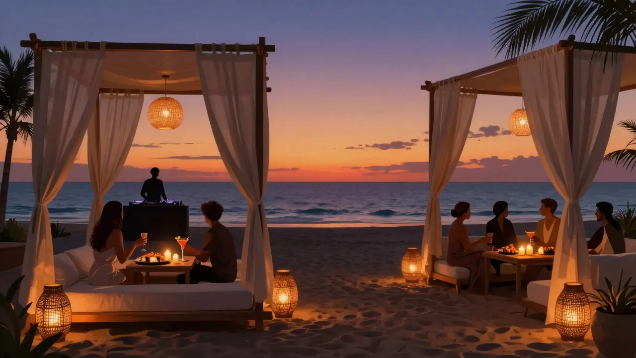 Elegant couples at Karma Beach at sunset, candlelit tables and ocean views, with a DJ softly spinning music under woven lanterns.