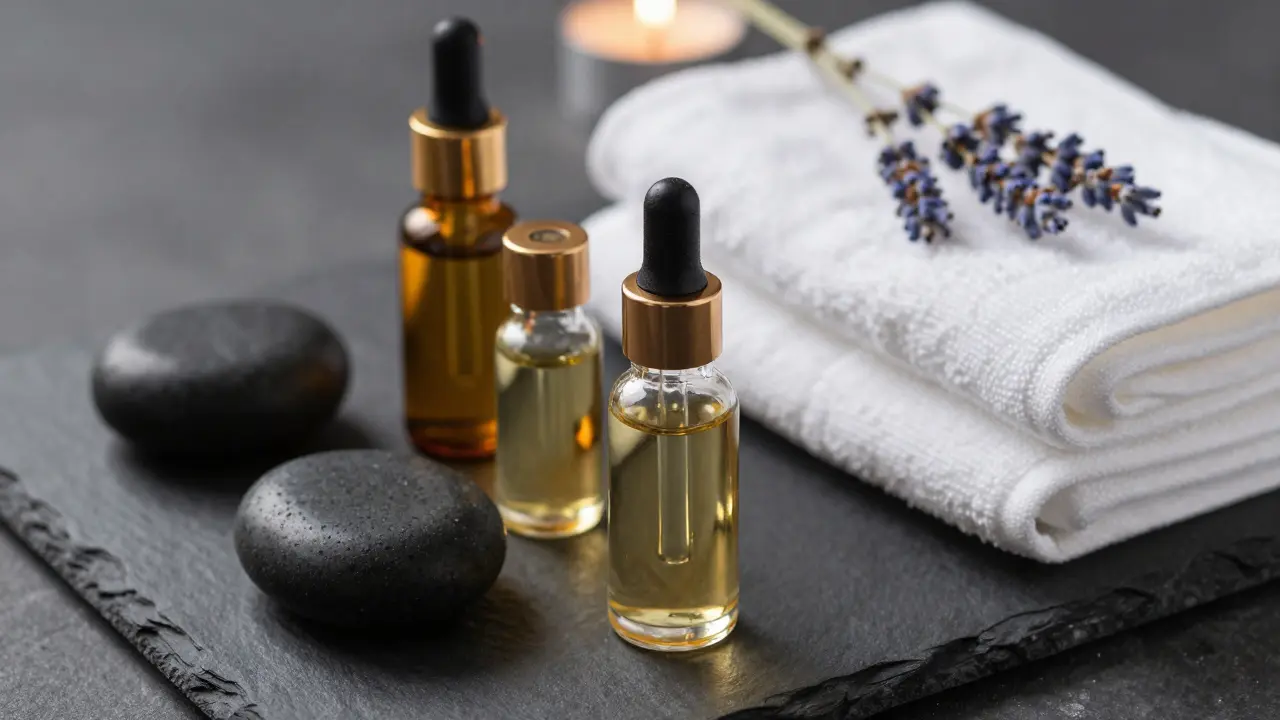 Essential oils and spa stones on dark slate