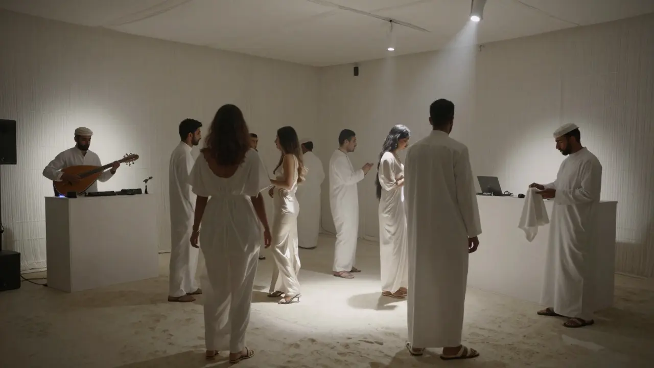 Guests in flowing white attire move silently in a warehouse lit by soft spotlights, one playing oud beside a minimalist DJ setup.