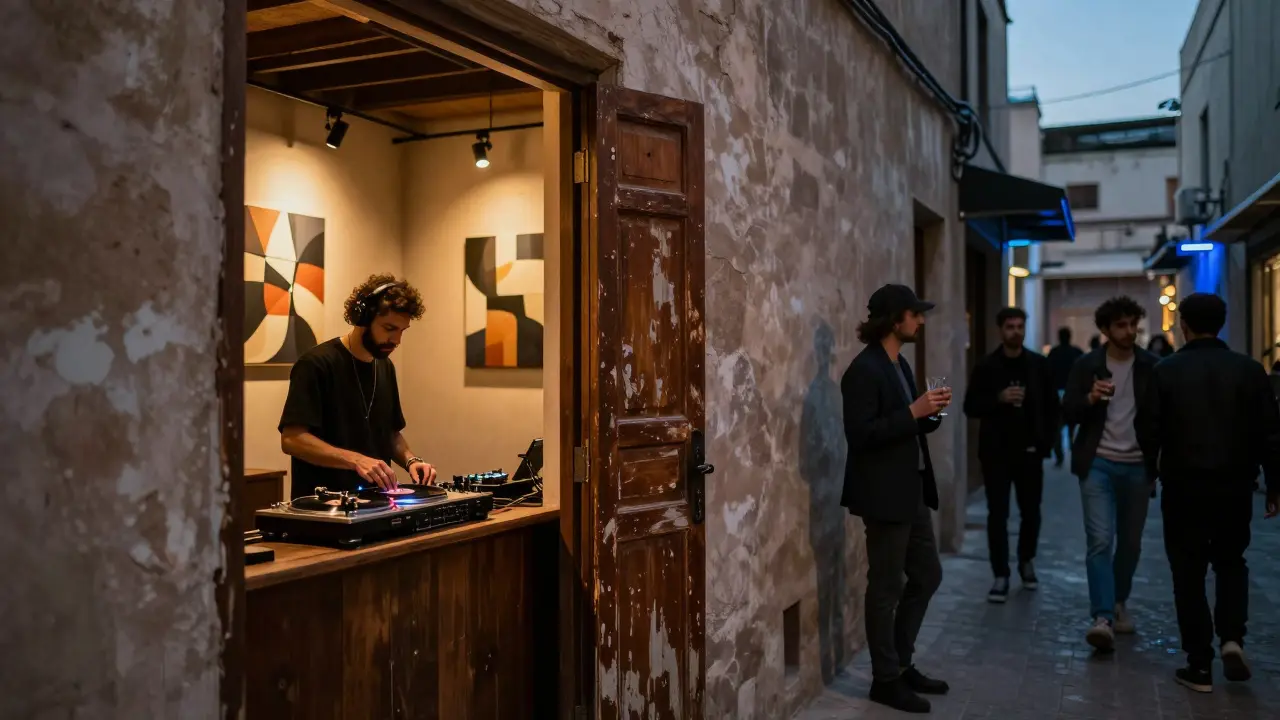 Hidden art bar in Alserkal Avenue with vinyl DJ, abstract art, and quiet patrons in smart casual attire.
