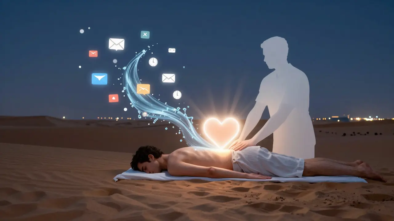 Human silhouette surrounded by dissolving stress icons, replaced by calming elements against Dubai's night skyline.