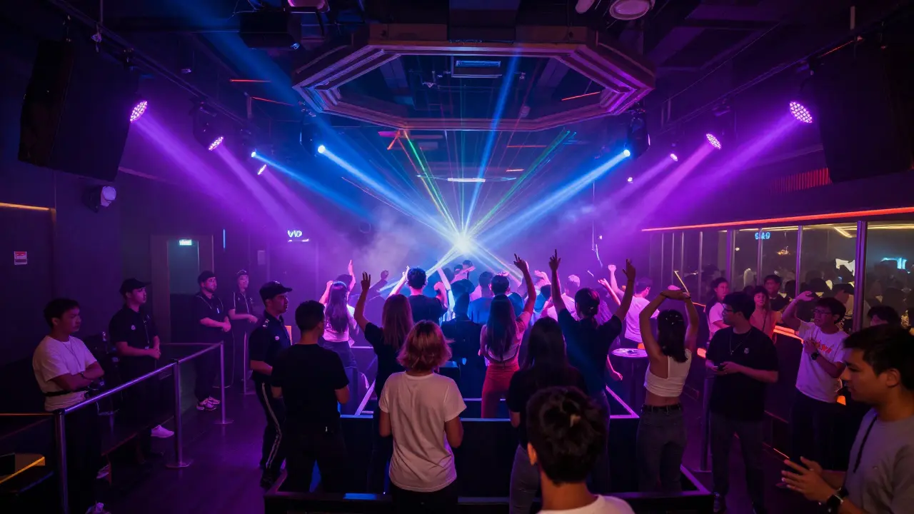 Inside view of a crowded nightclub with laser lights and security staff.