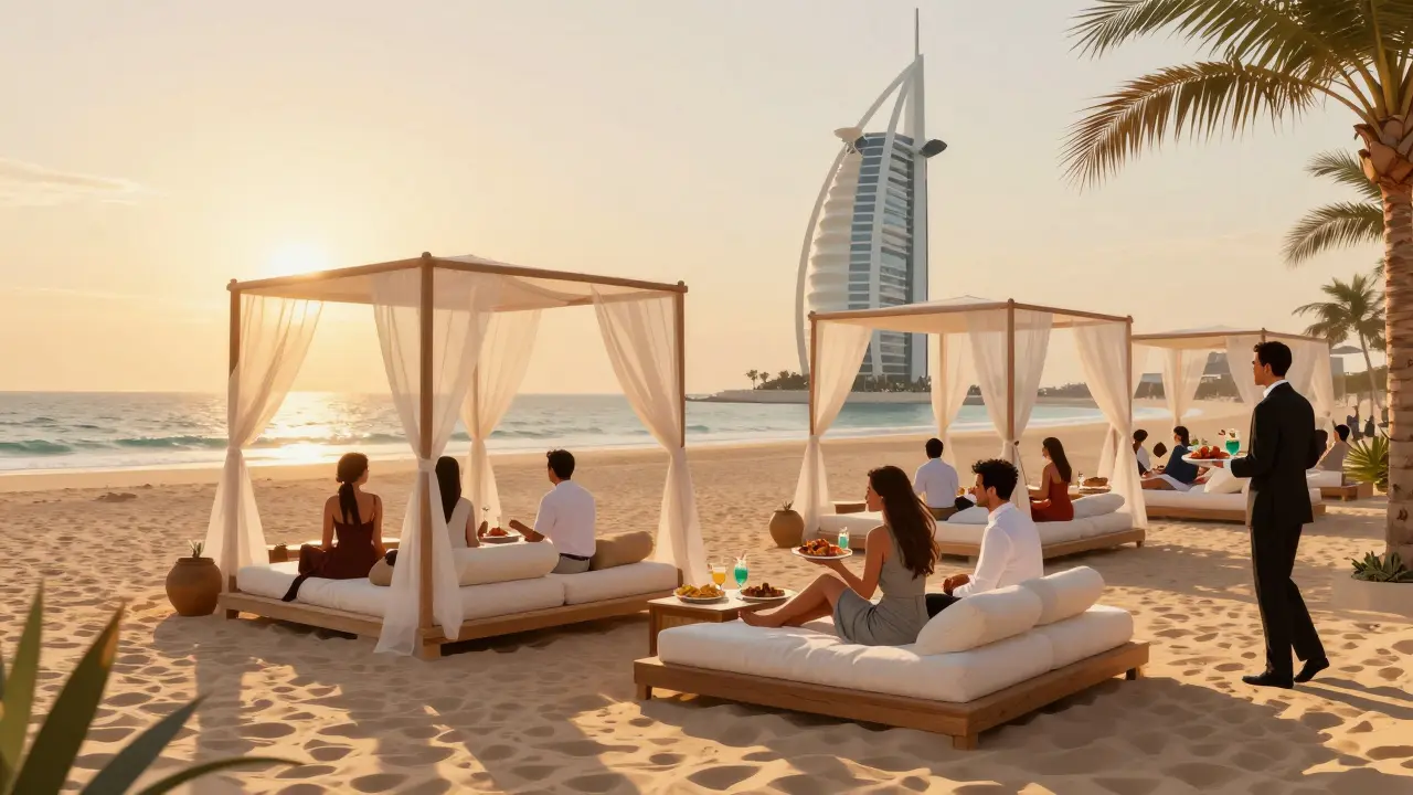 Luxury beach club at sunset with daybeds, ocean view, and guests relaxing in smart-casual attire.