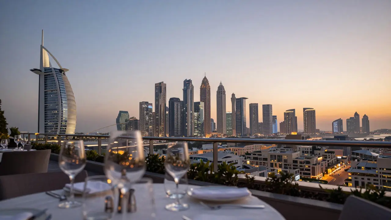 Luxury rooftop view of Dubai skyline at dawn