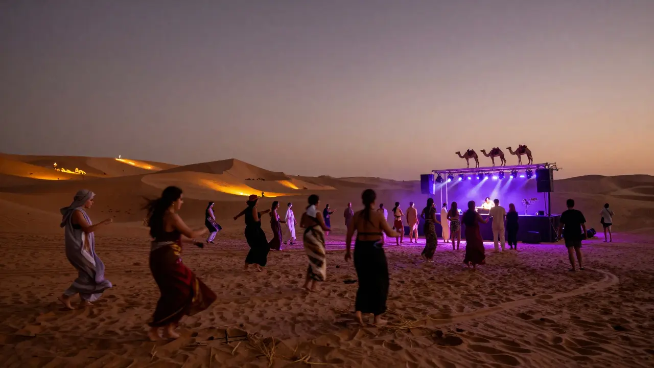 People dancing in a desert rave under LED-lit dunes at sunrise, with camels visible in the distance.