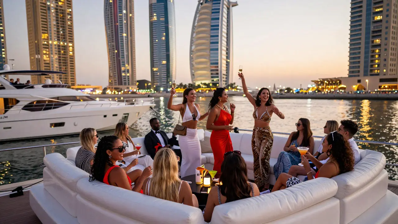 People enjoying a luxury yacht party with city skyline reflected on water.