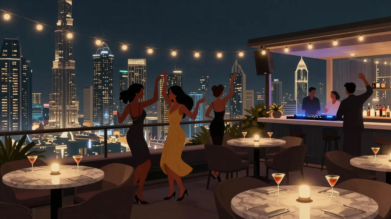 Rooftop lounge with skyline view at night, people dancing gently under string lights and cocktails on tables.