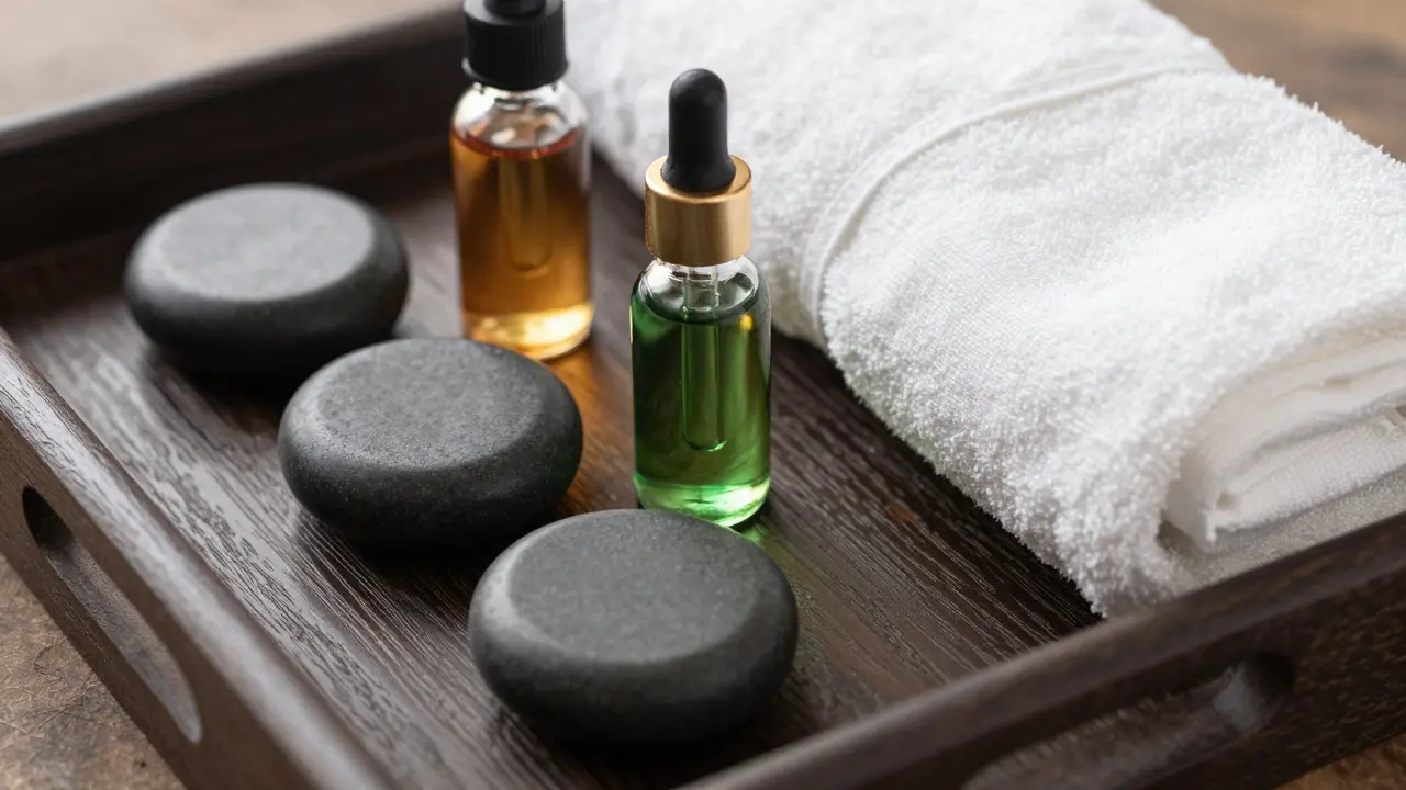 Smooth basalt stones and essential oil bottles on wood