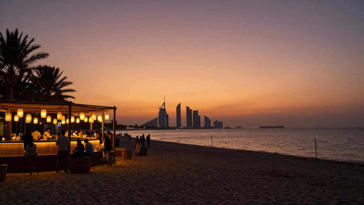 Sunset view at Dubai beach club with glowing lanterns and skyline.
