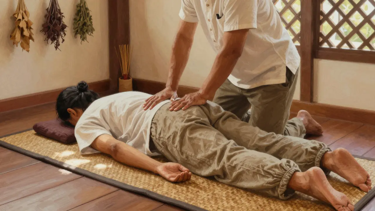 Thai massage therapist stretching a client's lower back in a simple, authentic Al Barsha setting with herbs and natural light.