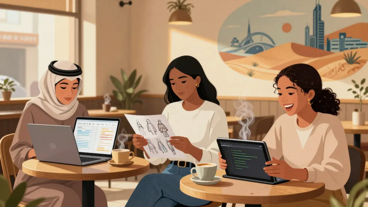 Three Emirati women in a cozy café in Alserkal Avenue, working, learning, and laughing together over coffee and tablets.
