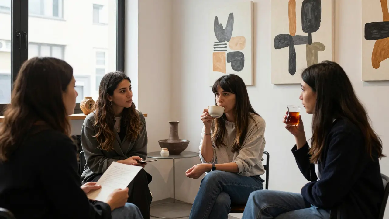 Three women in a loft discussing art, sipping tea beside handmade ceramics and paintings.