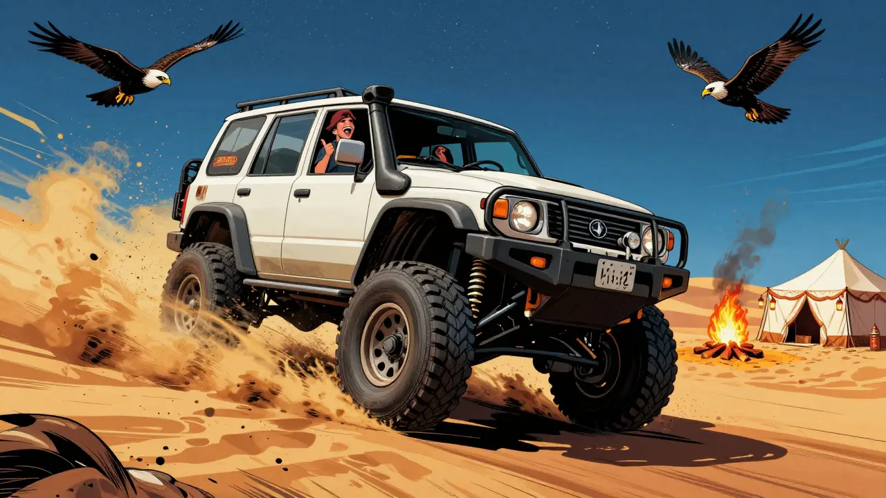 Thrilling desert safari with a 4x4 vehicle mid-dune bash under a starry sky, passengers laughing as sand flies.