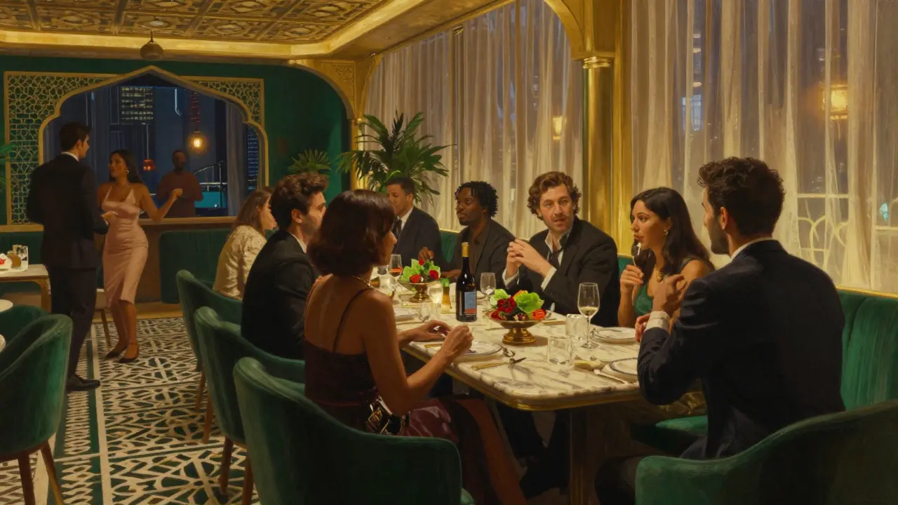 VIP lounge table with friends talking and premium bottles