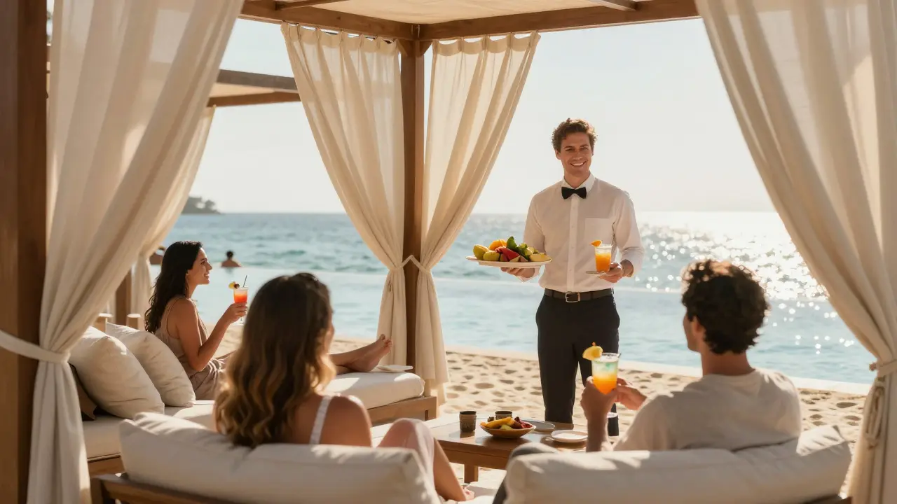 Waiter serving drinks to guests inside a private poolside cabana.