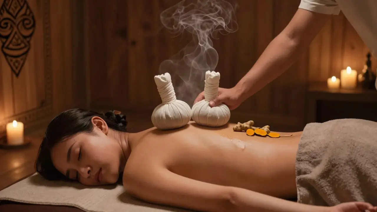 Warm herbal compress being rolled along a client's back during a traditional Thai massage session.